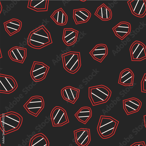 Line Shield icon isolated seamless pattern on black background. Guard sign. Security, safety, protection, privacy concept. Vector