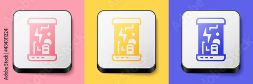 Isometric Futuristic cryogenic capsules or containers icon isolated on pink, yellow and blue background. Cryonic technology for humans or cryogenic chamber. Square button. Vector
