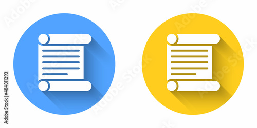 White Decree, paper, parchment, scroll icon icon isolated with long shadow background. Circle button. Vector