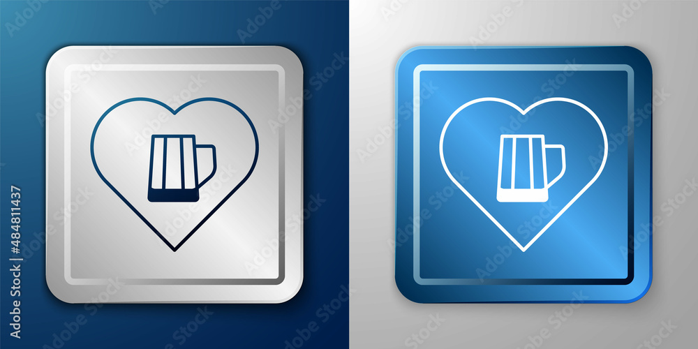 White Heart with glass of beer icon isolated on blue and grey background. Silver and blue square button. Vector White Heart with glass of beer icon isolated on blue and grey background. Silver and blue square button. Vector