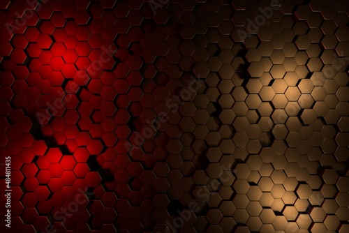 Honeycomb neon light 3D background abstract minimalistic texture with many rows of volumetric shapes of hexagons lying in the light. Animation. Mobile briquette wall.