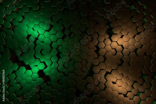 Honeycomb neon light 3D background abstract minimalistic texture with many rows of volumetric shapes of hexagons lying in the light. Animation. Mobile briquette wall.