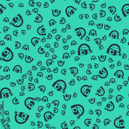 Black Beer bottle and wooden barrel icon isolated seamless pattern on green background. Vector