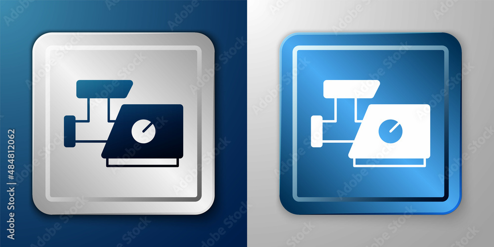 White Kitchen meat grinder icon isolated on blue and grey background. Silver and blue square button. Vector White Kitchen meat grinder icon isolated on blue and grey background. Silver and blue square button. Vector