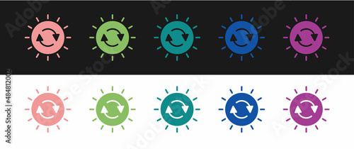 Set Solar energy panel icon isolated on black and white background. Sun with lightning symbol. Vector