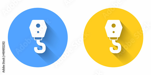 White Crane hook icon isolated with long shadow background. Industrial hook icon. Circle button. Vector