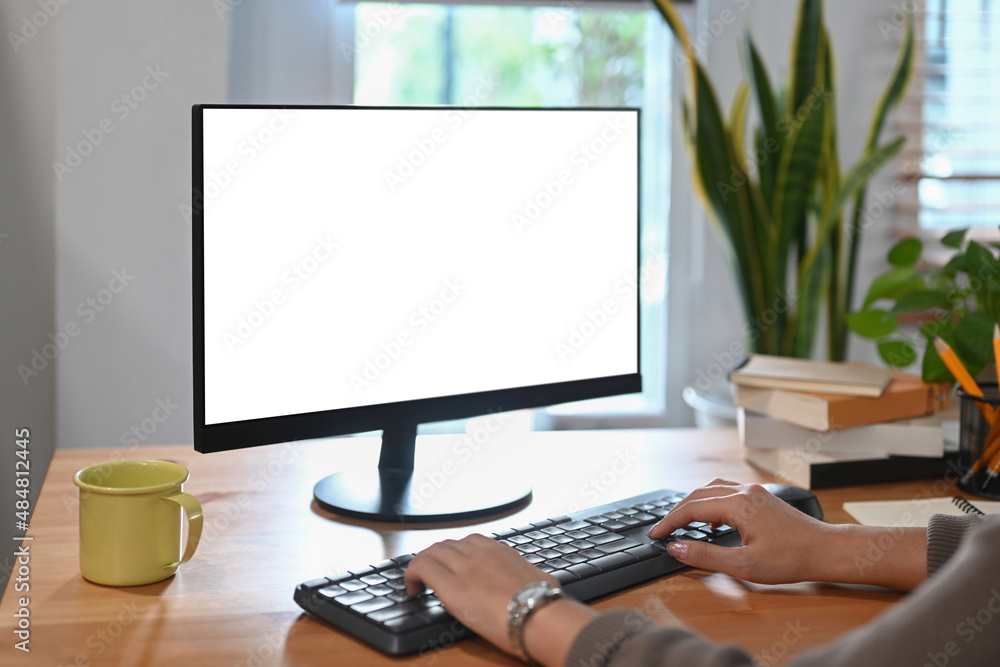 Young female freelancer working with computer pc at modern home office. Young female freelancer working with computer pc at modern home office.