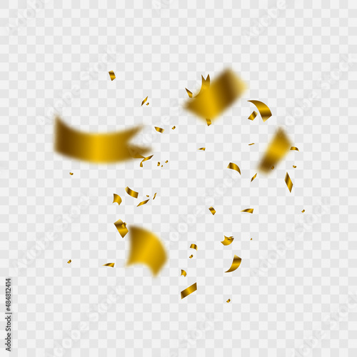 Bright golden festive tinsel spun in the center of shiny confetti. Festive design elements..