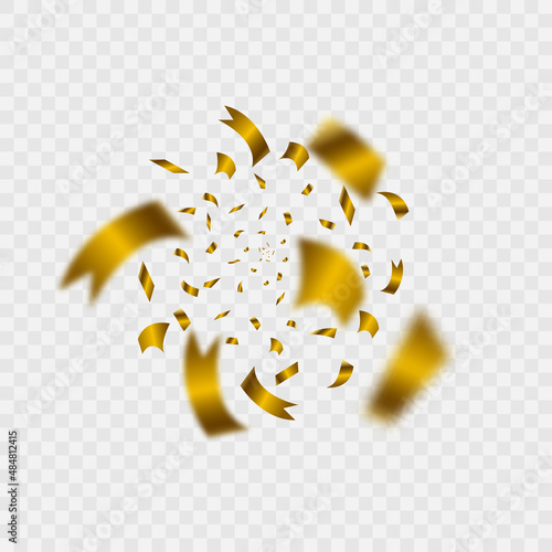 Bright golden festive tinsel spun in the center of shiny confetti. Festive design elements..
