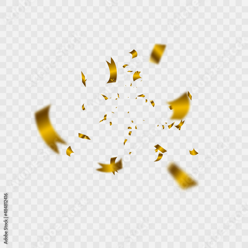 Bright golden festive tinsel spun in the center of shiny confetti. Festive design elements..