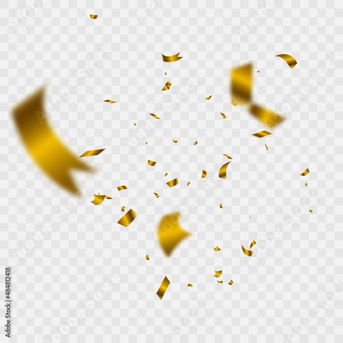 Bright golden festive tinsel spun in the center of shiny confetti. Festive design elements..