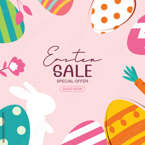 Easter sale banner design template with colorful eggs and flowers. Use for advertising, flyers, posters, brochure, voucher discount.