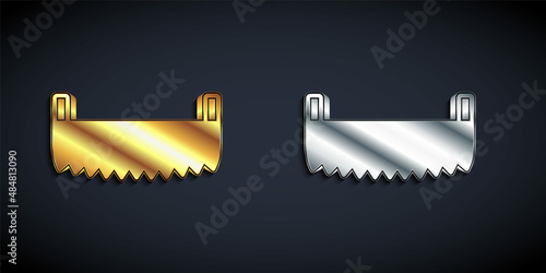 Gold and silver Two-handed saw icon isolated on black background. Long shadow style. Vector