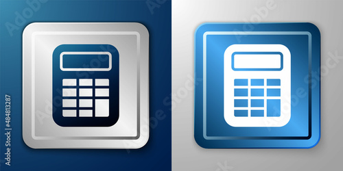 White Calculator icon isolated on blue and grey background. Accounting symbol. Business calculations mathematics education and finance. Silver and blue square button. Vector