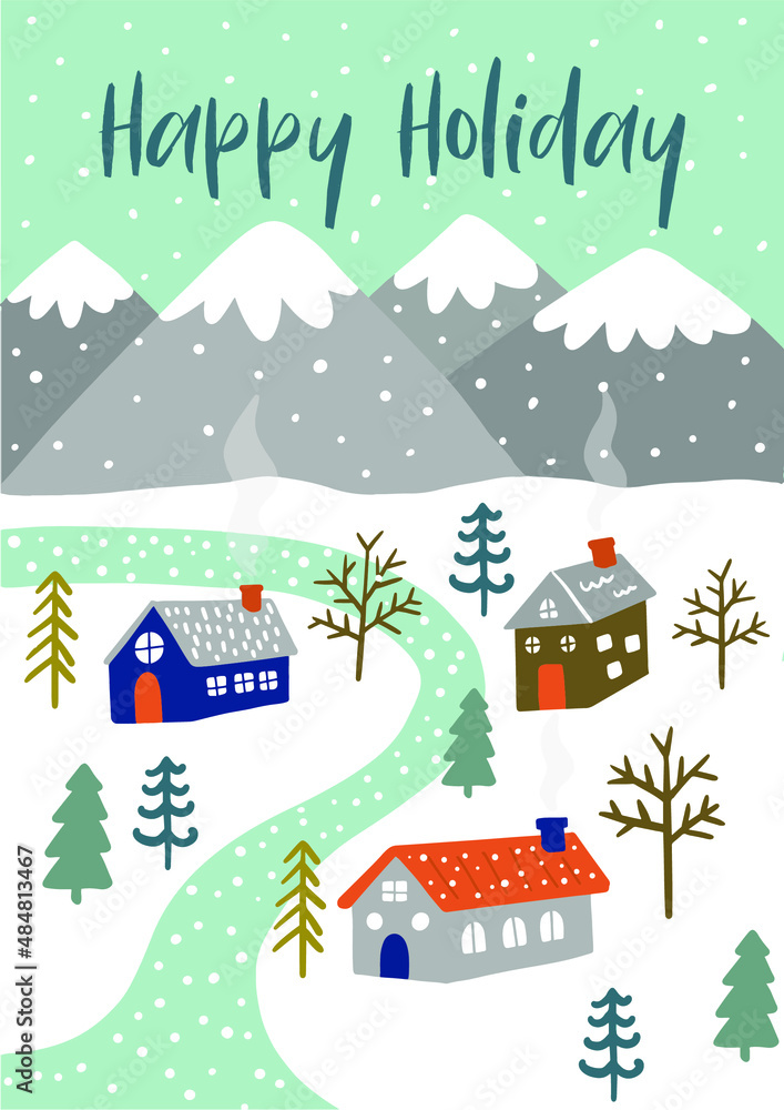 Holiday Illustration with snowy village landscpae