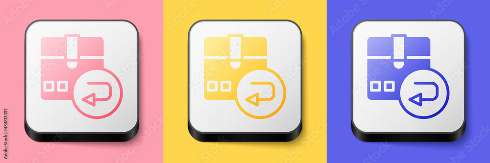 Isometric Return cardboard box icon isolated on pink, yellow and blue background. Box, package, parcel sign. Delivery and packaging. Square button. Vector Isometric Return cardboard box icon isolated on pink, yellow and blue background. Box, package, parcel sign. Delivery and packaging. Square button. Vector