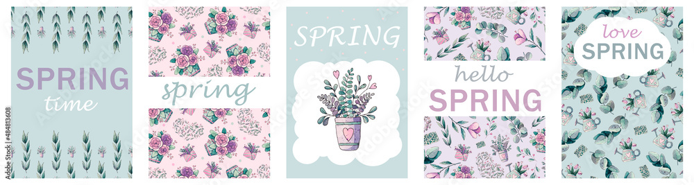 A set of spring postcards. Hello spring. Watercolor flowers.
