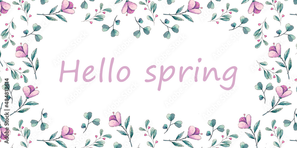 Hello spring. Horizontal banner. Watercolor flowers on a white background.