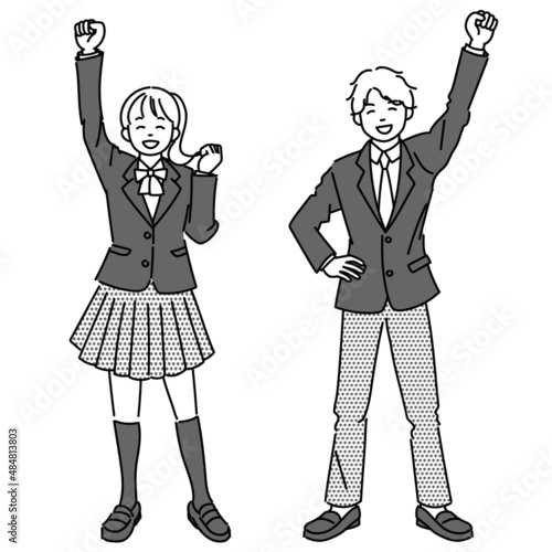 拳を突き上げて喜ぶ女子学生と男子学生のモノクロイラストセット