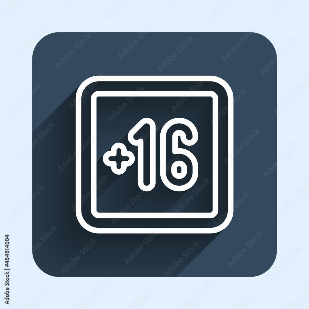 White line Plus 16 movie icon isolated with long shadow background. Adult content. Sixteen plus icon. Censored business concept. Blue square button. Vector White line Plus 16 movie icon isolated with long shadow background. Adult content. Sixteen plus icon. Censored business concept. Blue square button. Vector