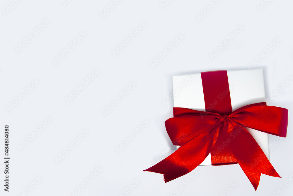 gift box with red ribbon on white background, Valentine Background Concept, Space for text