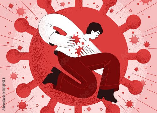 Young guy is suffering from pneumonia or other lung damage due to a viral infection. Man holds on to a chest infected with a virus. The concept of protection against coronovirus or tuberculosis