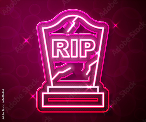 Glowing neon line Tombstone with RIP written on it icon isolated on red background. Grave icon. Happy Halloween party. Vector