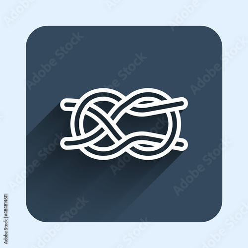 White line Nautical rope knots icon isolated with long shadow background. Rope tied in a knot. Blue square button. Vector
