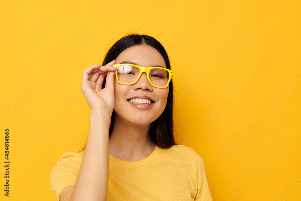 woman in glasses gesturing with hands copy-space isolated background unaltered woman in glasses gesturing with hands copy-space isolated background unaltered