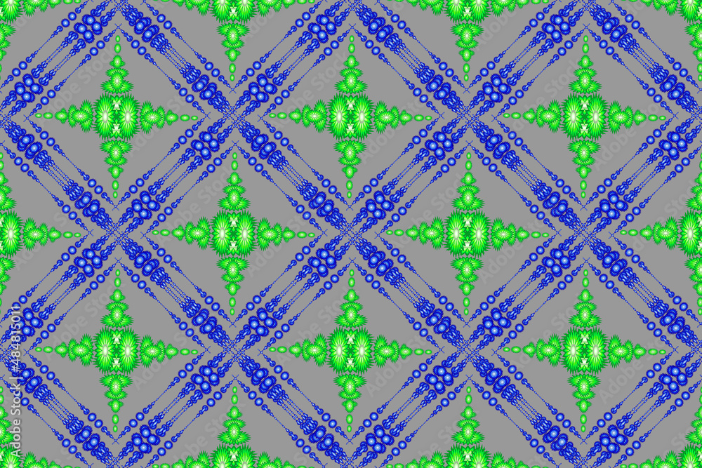 floral pattern, ethnic geometry blue green floral seamless pattern, seamless pattern for curtain design, carpet, wallpaper, clothing, wrap, batik, gray background fabric pattern