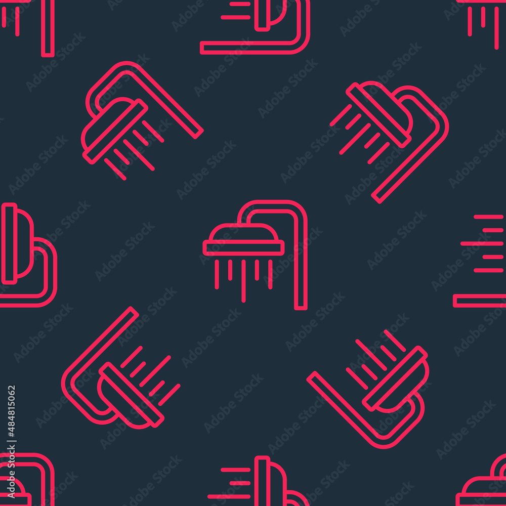 Red line Shower head with water drops flowing icon isolated seamless pattern on black background. Vector Red line Shower head with water drops flowing icon isolated seamless pattern on black background. Vector