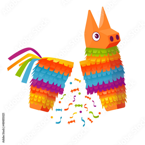 Pinata for a birthday. Corrugated paper toy with sweets or a surprise inside. Vector cartoon illustration