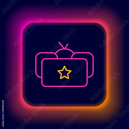 Glowing neon line Ushanka icon isolated on black background. Russian fur winter hat ushanka with star. Soviet Union uniform of KGB and NKVD. Colorful outline concept. Vector
