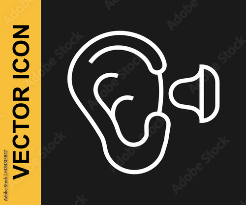 White line Earplugs and ear icon isolated on black background. Ear plug sign. Noise symbol. Sleeping quality concept. Vector