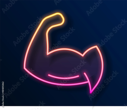 Glowing neon line Bodybuilder showing his muscles icon isolated on black background. Fit fitness strength health hobby concept. Vector