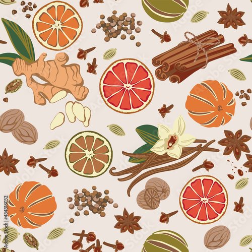 Seamless pattern ginger cinnamon cloves cardamom vanilla dried oranges star anise nutmeg sweet peas colorful seasoning set. Vector illustration