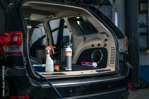 Clean open empty car trunk in the car detailing service