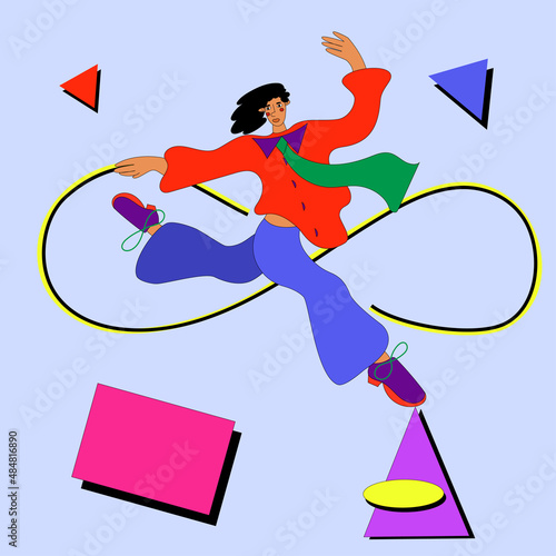 A man in a jump in bright clothes against a background of geometric objects and an infinity sign. The concept of positive overcoming difficulties, levitation, escape from reality.
