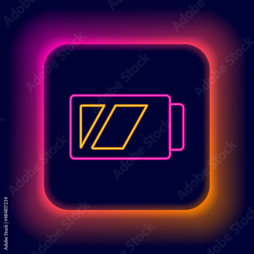 Glowing neon line Battery for camera icon isolated on black background. Lightning bolt symbol. Colorful outline concept. Vector