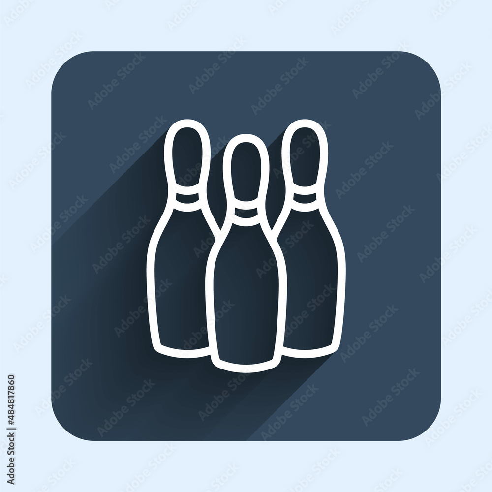 White line Bowling pin icon isolated with long shadow background. Juggling clubs, circus skittles. Blue square button. Vector