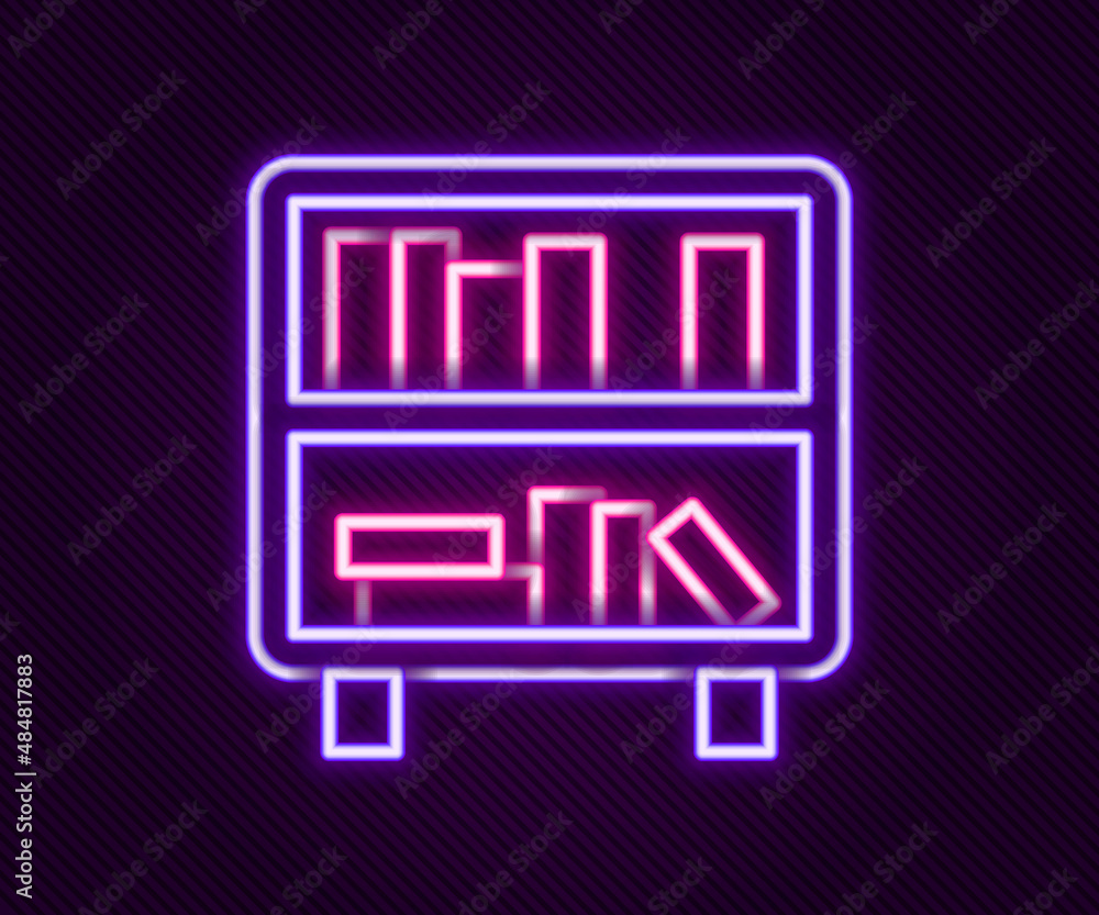Glowing neon line Shelf with books icon isolated on black background. Shelves sign. Colorful outline concept. Vector Glowing neon line Shelf with books icon isolated on black background. Shelves sign. Colorful outline concept. Vector