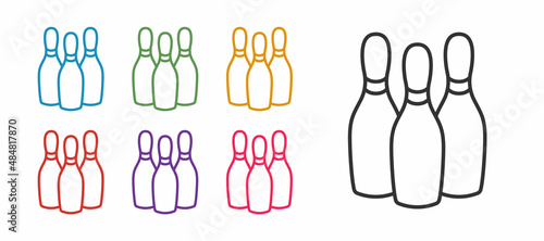 Set line Bowling pin icon isolated on white background. Juggling clubs, circus skittles. Set icons colorful. Vector