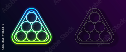 Glowing neon line Billiard balls in a rack triangle icon isolated on black background. Vector