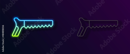Glowing neon line Hand saw icon isolated on black background. Vector