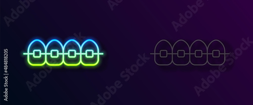 Glowing neon line Teeth with braces icon isolated on black background. Alignment of bite of teeth, dental row with with braces. Dental concept. Vector