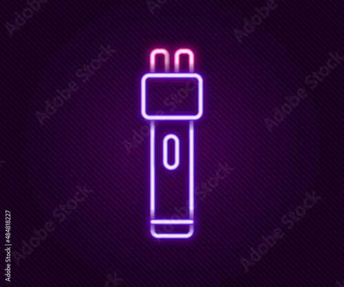 Glowing neon line Police electric shocker icon isolated on black background. Shocker for protection. Taser is an electric weapon. Colorful outline concept. Vector