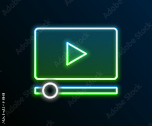 Glowing neon line Online play video icon isolated on black background. Film strip with play sign. Colorful outline concept. Vector photo