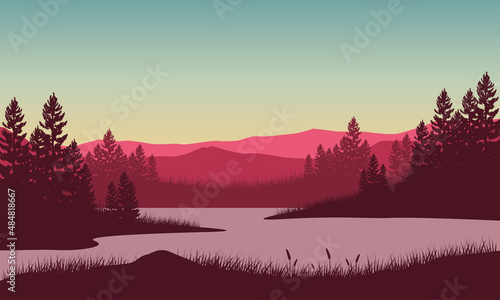 Realistic mountain view from the lakeside from the out of the city