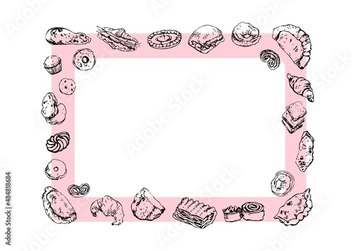 Bread and bakery goods line art. Hand drawn editable rectangular frame