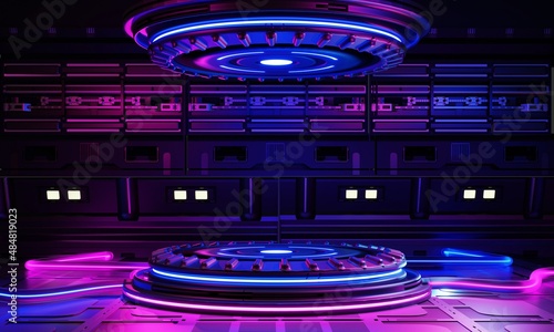 Cyberpunk sci-fi product podium showcase in spaceship base with blue and pink background. Technology and object concept. 3D illustration rendering